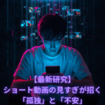 Cyberpunk digital illustration of a young person sitting alone in a dark neon-lit room, glowing smartphone screen reflecting on their face, streams of short video thumbnails floating in midair around them like holograms, cyan and magenta neon highlights, subtle glitch effect, feeling of isolation and overstimulation, high contrast, dark background, futuristic atmosphere, 16:9 composition, cinematic lighting, detailed digital art style.