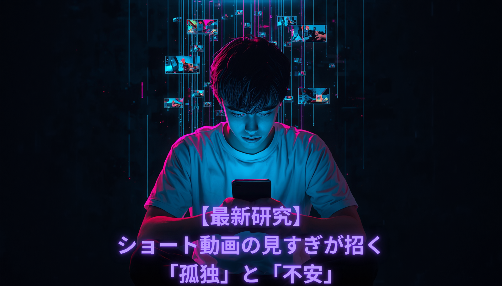 Cyberpunk digital illustration of a young person sitting alone in a dark neon-lit room, glowing smartphone screen reflecting on their face, streams of short video thumbnails floating in midair around them like holograms, cyan and magenta neon highlights, subtle glitch effect, feeling of isolation and overstimulation, high contrast, dark background, futuristic atmosphere, 16:9 composition, cinematic lighting, detailed digital art style.