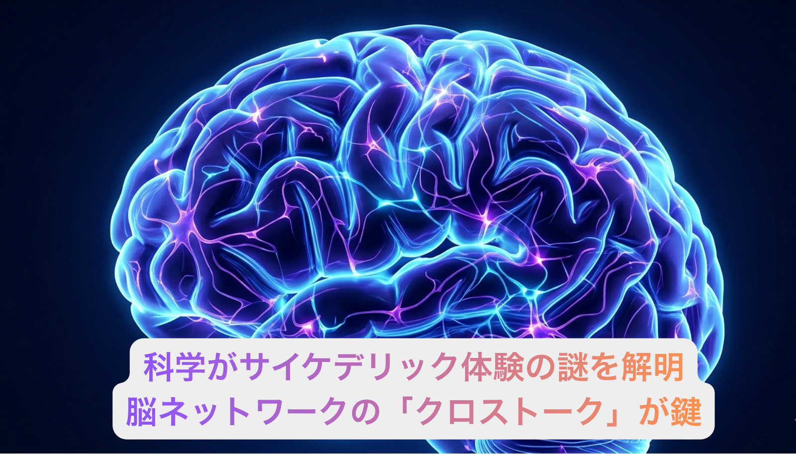 Glowing human brain with interconnected neural networks, electric blue and purple pathways connecting different regions against dark navy background. Science-tech digital art. Neon synaptic connections dissolving boundaries between brain regions, representing network crosstalk. Clean modern professional scientific illustration.