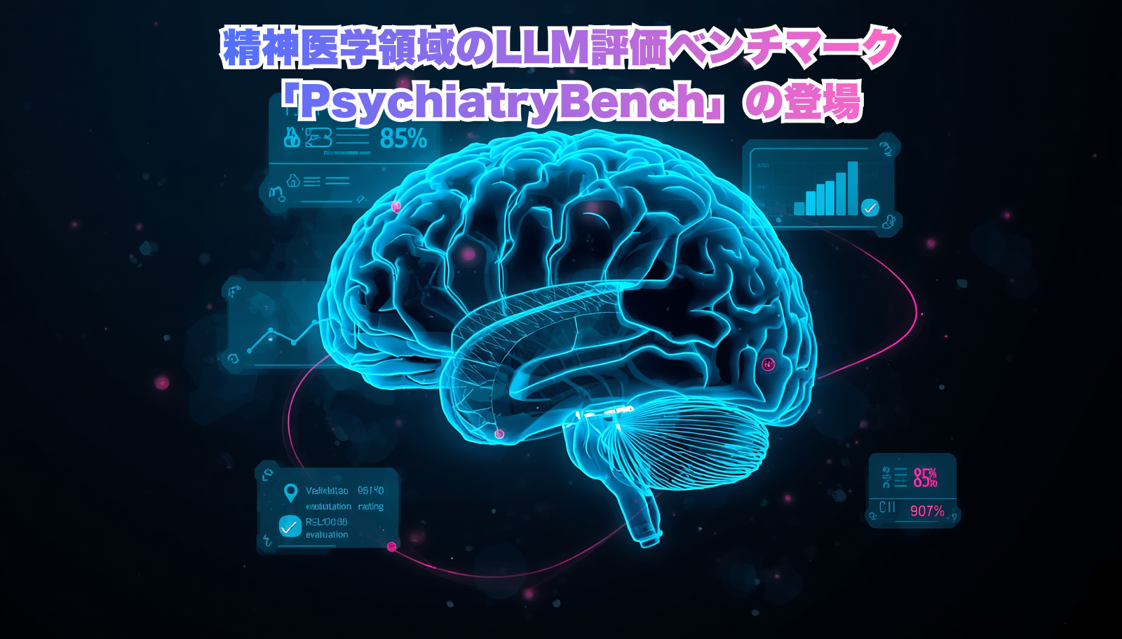 A futuristic, tech-forward hero image for a medical AI article. A translucent holographic human brain rendered in deep navy and neon cyan, overlaid with a subtle grid of clinical data nodes and evaluation scorecards. Soft glow, high-contrast dark background (#0A1A2F), accents in bright cyan (#00B2FF) and electric blue (#0B3D91). Minimalist, professional, editorial style. Japanese medical/AI publication aesthetic. No text, no letters.