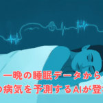 A serene person sleeping peacefully in soft blue light, with subtle glowing waveform lines (brain, heart, breathing signals) flowing gently above them, minimalist modern medical illustration, clean flat design, ample white space, calming teal and deep navy palette with soft cyan accents, no text, high-end editorial health-tech aesthetic, 1200x630