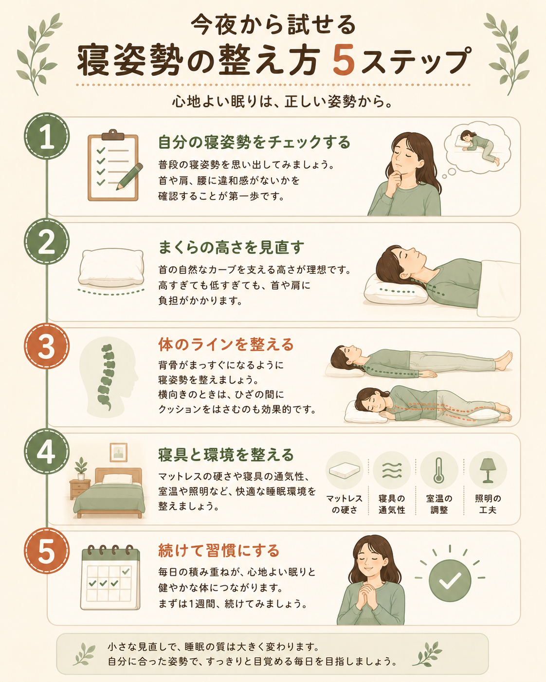 A clean step-by-step illustration with 5 numbered steps showing how to adjust sleep posture, simple icons of a note, a pillow, a calendar and a checkmark, vertical flow with a connecting line, warm natural palette of cream, sage green and terracotta, friendly flat illustration style, no real text