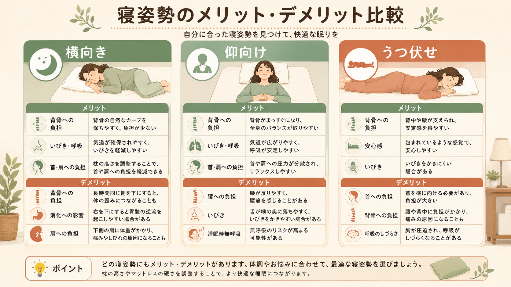 A comparison infographic of three sleeping positions (side, back, stomach) shown as three soft-colored columns, each with small pros and cons icons for spine, snoring and neck, warm natural palette of cream, sage green and terracotta accents, flat illustration, calm balanced layout, no real text