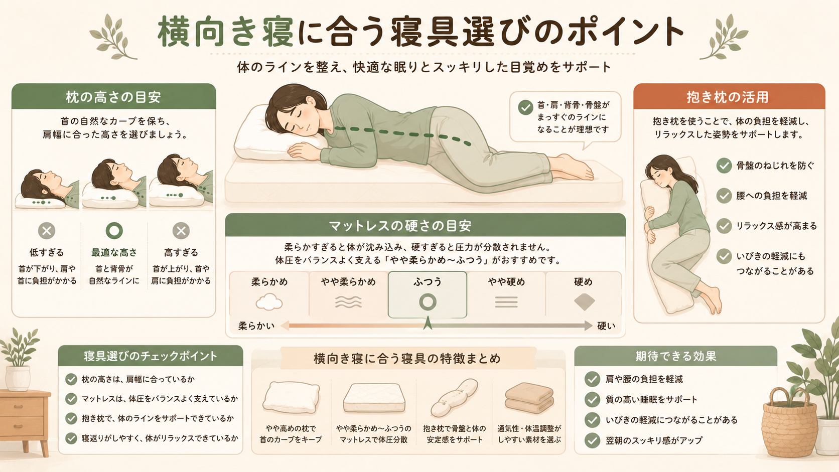 An infographic about choosing bedding for side sleeping — a pillow height diagram, a mattress firmness scale from soft to firm, a body pillow icon, and a person showing an aligned spine, warm natural color palette of cream, beige, sage green and terracotta, flat illustration, clear and informative, no real text