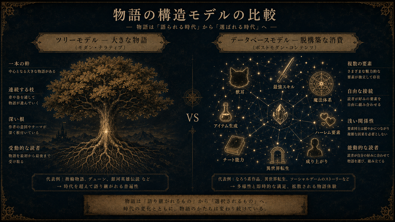 A dark academic-style diagram comparing two models side by side. Left: an old majestic tree with deep roots labeled 'Tree Model — Grand Narrative', illustrated like a vintage botanical drawing in muted gold ink on dark navy background. Right: a constellation of floating glowing fragments (icons of cat-ears, swords, magic circles, skills) labeled 'Database Model — Postmodern Consumption', rendered like an old star chart. Vintage parchment texture, melancholic atmosphere, elegant serif labels in cream. Symbolic and contemplative.