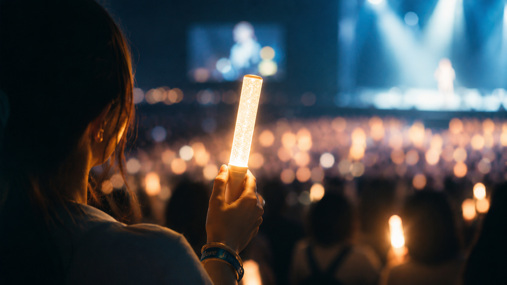 Soft cinematic photograph of a person at a concert holding a glowing penlight, warm ambient light, blurred audience in background creating a sea of soft lights. The subject is silhouetted but their hand is illuminated. Editorial documentary style, deep blue and warm amber palette, emotional and intimate atmosphere, subtle film grain, magazine-quality composition.