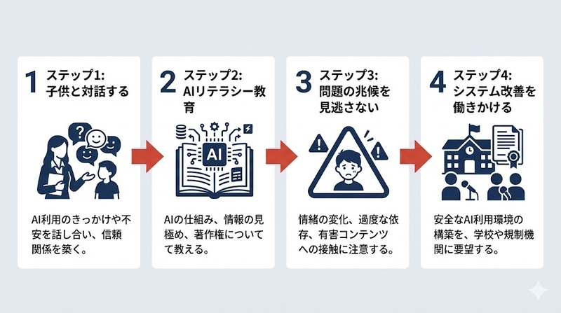 A clean step-by-step infographic showing 4 sequential action steps for parents/educators: Step 1 'Open Dialogue' (icon: speech bubbles), Step 2 'AI Literacy Education' (icon: book + chip), Step 3 'Watch for Red Flags' (icon: warning triangle), Step 4 'Demand Systemic Change' (icon: building/policy). Connect them with horizontal arrows. Use navy (#1A2E4A) for icons and numbers, coral (#C0392B) accent for arrows, light gray (#E8ECF1) background. Minimalist flat vector style, generous white space, no text rendering needed (placeholder boxes for labels). Editorial professional tone.