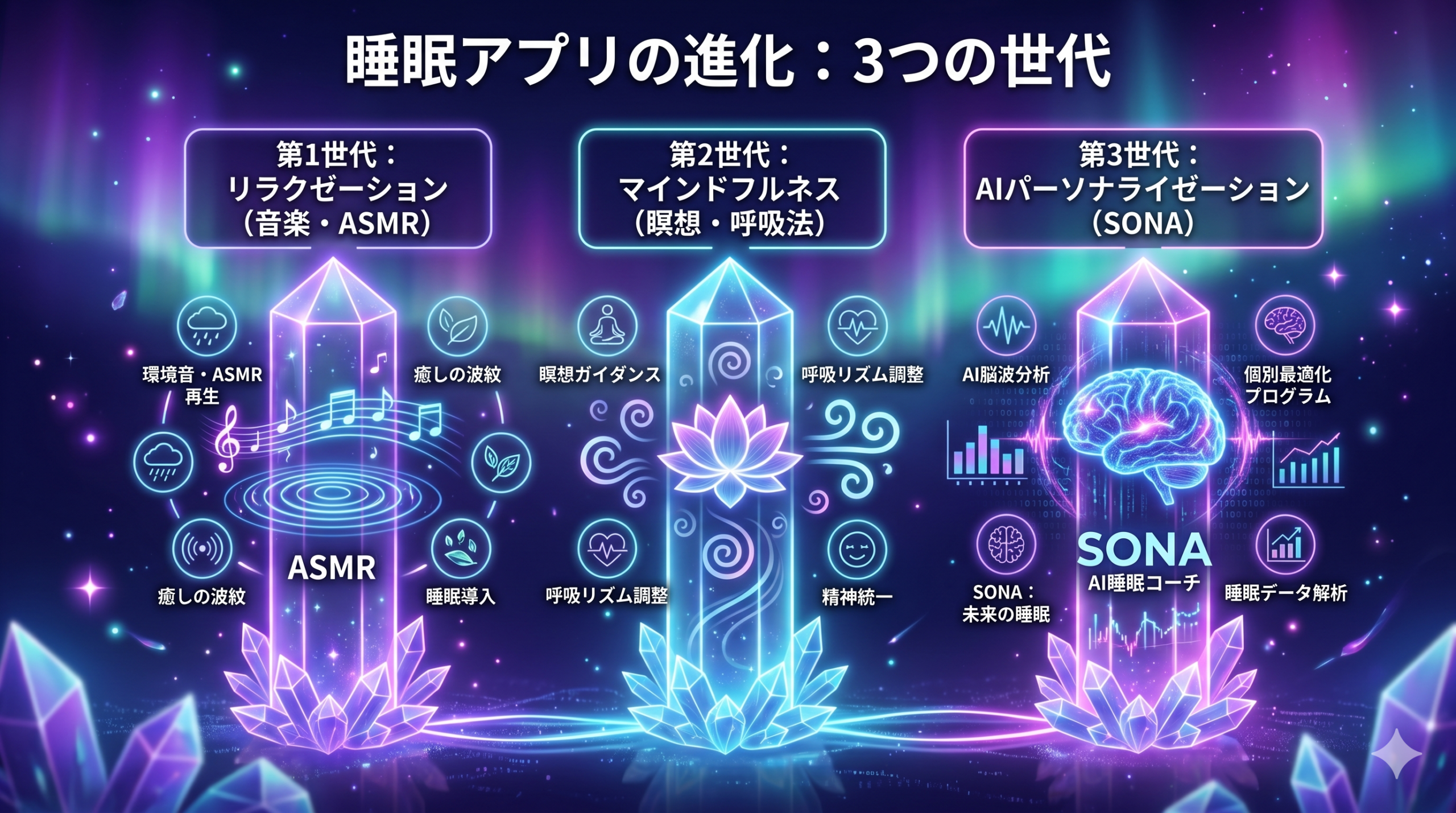 Three glowing crystal pillars rising in a digital fantasy space, each representing a generation of sleep technology. First pillar emits musical waves and ASMR ripples. Second pillar shows a meditation lotus surrounded by breath swirls. Third pillar displays a holographic AI brain with neural networks pulsing in real time. Deep indigo cosmic background with aurora gradients of violet, teal, and magenta. Magical particles, neon outlines, futuristic-mystical infographic aesthetic. Clean layout with empty label space above each pillar. Wide 16:9.