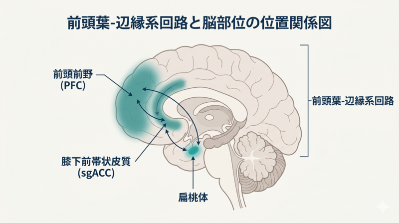 Stylized side-view illustration of a human brain in flat vector style on off-white background. Key regions highlighted with subtle teal (#4A8A8A) glow: amygdala (small almond shape, deeper inside), subgenual anterior cingulate cortex (sgACC), and prefrontal cortex. Thin navy (#1E3A5F) lines connect them showing the fronto-limbic circuit. Minimal labels with leader lines. Clean medical textbook aesthetic, generous whitespace.