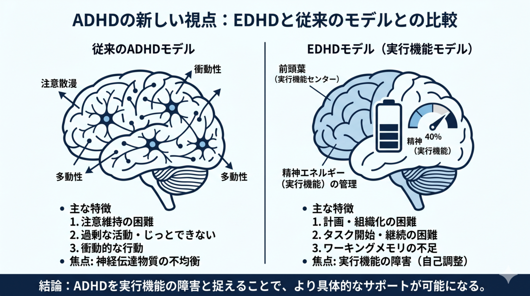 Minimal infographic comparing two brain illustrations side by side: left labeled 'Traditional ADHD model' with neurons and arrows, right labeled 'EDHD model' showing a brain with battery icon and energy gauge. Navy blue and light blue palette on white background. Clean line art, scientific journal style. Simple icons, lots of white space.