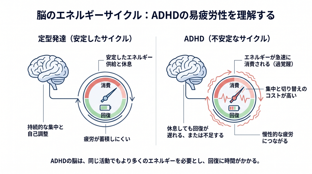 Minimal scientific diagram showing the brain energy cycle: a brain icon connected to a battery gauge cycling between 'consumption' (red zone) and 'recovery' (green zone), with a shaky/unstable line for ADHD vs a smooth line for neurotypical. Navy blue, light blue, soft accent colors. Thin line art, clean white background, lots of white space. Scientific journal aesthetic.