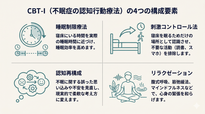 Clean minimal infographic with 4 quadrants on an off-white background. Each quadrant contains a single line icon in teal (#4A8A8A) representing: a clock (sleep restriction), a bed with arrow (stimulus control), a thought bubble with gear (cognitive restructuring), a person breathing (relaxation). Deep navy (#1E3A5F) labels in Japanese-friendly sans-serif. Lots of whitespace, subtle thin dividing lines, professional medical journal aesthetic.