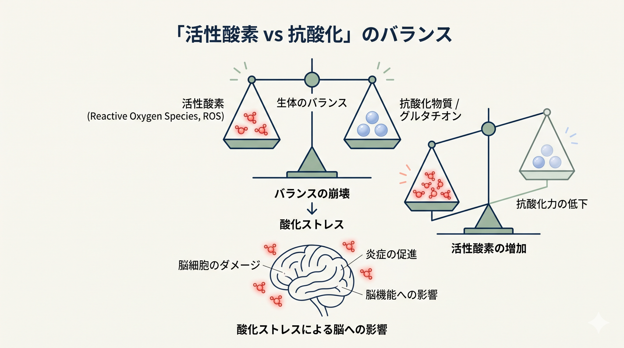 Clean minimalist infographic showing a balance scale: on one side small glowing red molecules labeled "reactive oxygen species", on the other side soft blue molecules labeled "glutathione / antioxidants". Below, a simple line drawing of a brain. Off-white background, navy and sage palette, thin geometric lines, professional medical infographic style, generous white space, sans-serif typography placeholders, no actual readable text.