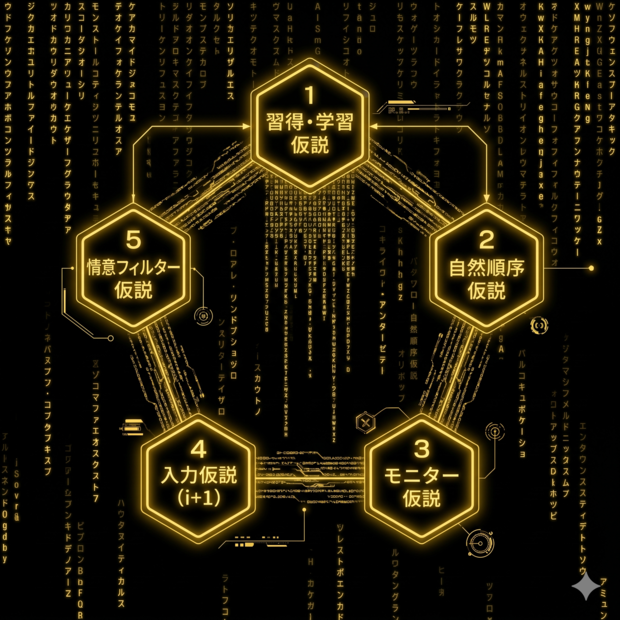 Matrix-style infographic on pitch-black background. Five glowing neon green hexagonal nodes connected by digital code streams, each labeled with one of: 'Acquisition vs Learning', 'Natural Order', 'Monitor', 'Input (i+1)', 'Affective Filter'. Cyberpunk data visualization aesthetic, neon green (#00FF41) glowing lines, falling katakana code in background. Clean technical layout, futuristic UI design.