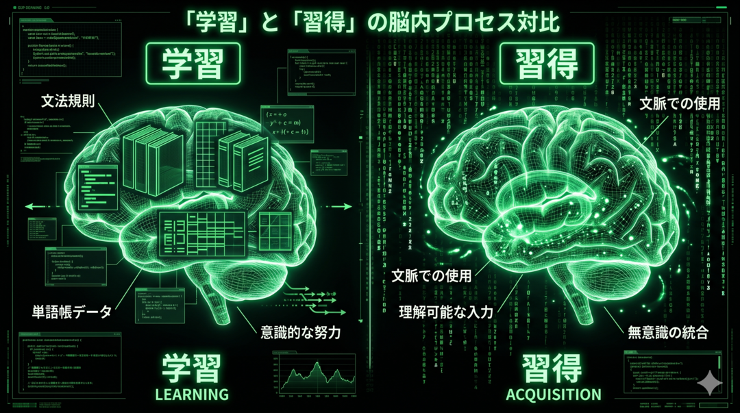 Side-by-side comparison illustration in Matrix style. Left side labeled 'LEARNING': a brain with rigid green grammar rules and books overlaid as code blocks, slow-moving data streams. Right side labeled 'ACQUISITION': same brain shape but with flowing, organic green code rain absorbed naturally. Pitch-black background, neon green (#00FF41) elements, cyberpunk medical scan aesthetic, technical diagram style.