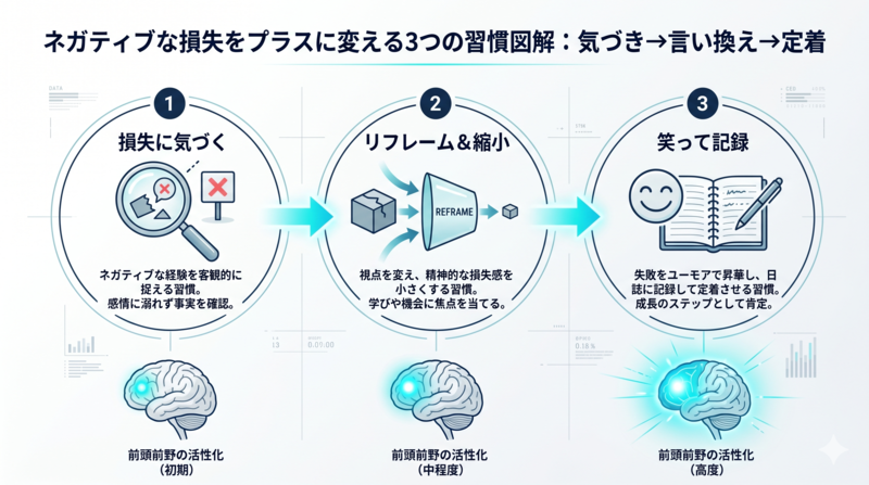 Clean step-by-step process diagram with 3 numbered circular nodes connected by arrows. Step 1: 'Notice the loss' with a magnifying glass icon. Step 2: 'Reframe & shrink' with a downsizing arrow icon. Step 3: 'Laugh & log' with a journal icon. Below each node, a small brain illustration showing the prefrontal cortex lighting up progressively. Color palette: white background, navy and cyan accents, scientific infographic style with thin grid lines and data-style typography.