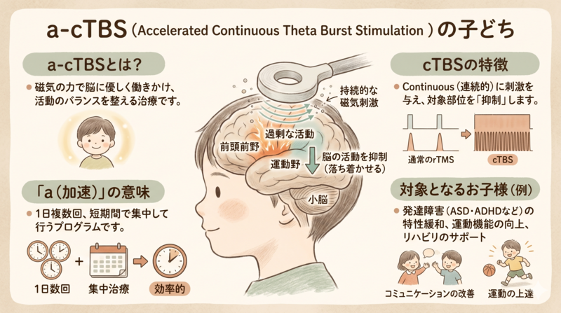 Soft natural-style infographic illustration showing a side profile of a child's head,

with a magnetic coil device gently positioned over the left motor cortex,

warm earth-tone palette (cream, sage, soft brown, terracotta), hand-drawn pencil texture,

labeled arrows pointing to brain regions in friendly handwriting style,

no realistic medical equipment - keep illustrative and gentle, 16:9 ratio, paper texture background