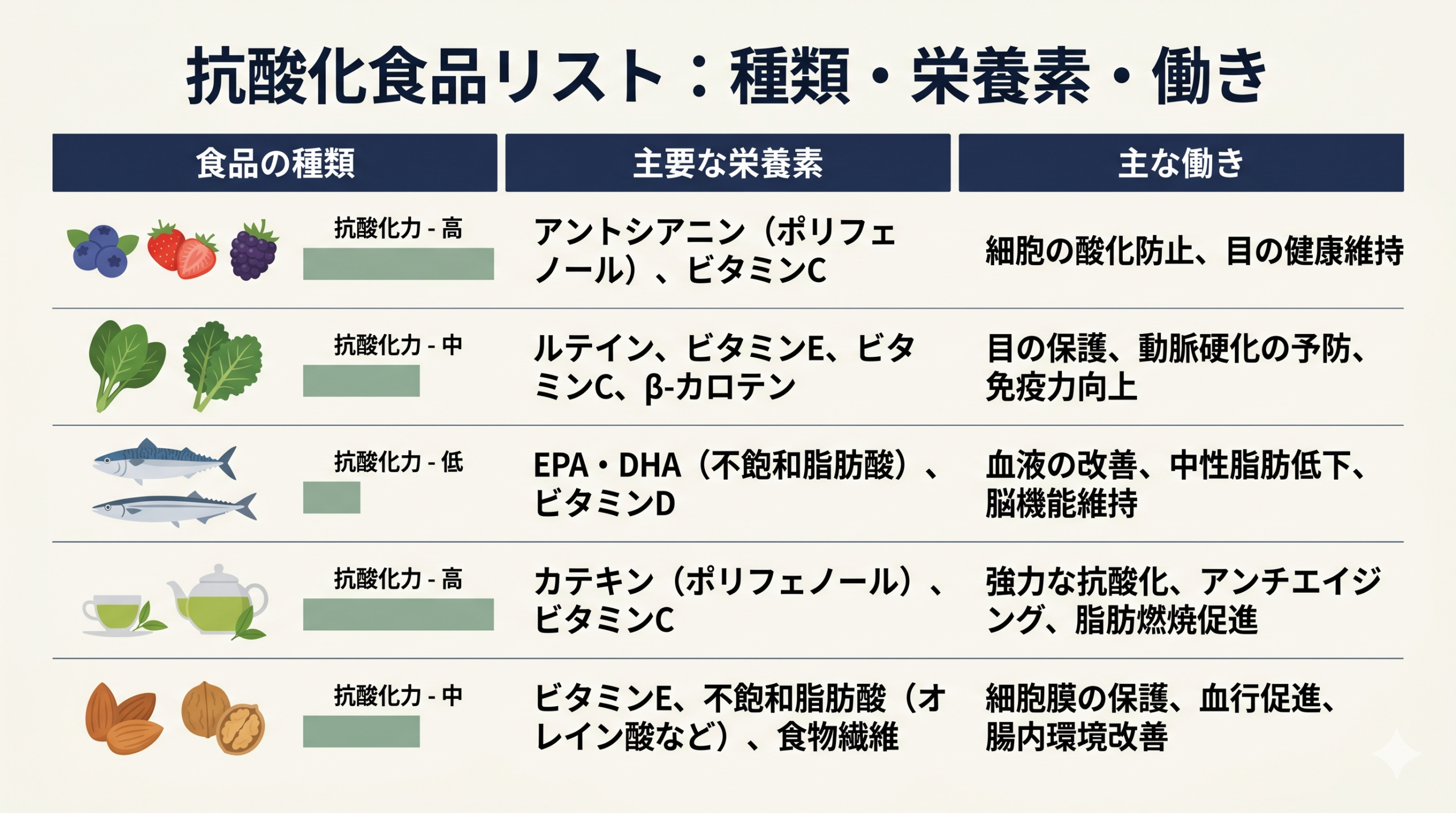 Clean minimal data visualization: a 3-column comparison chart showing5 food categories (berries, leafy greens, oily fish, green tea, nuts)as small flat icons, each with a thin sage-colored bar indicatingantioxidant strength. Off-white background, navy headers, ample whitespace, professional infographic aesthetic, sans-serif typography,publication-ready, no readable text needed.