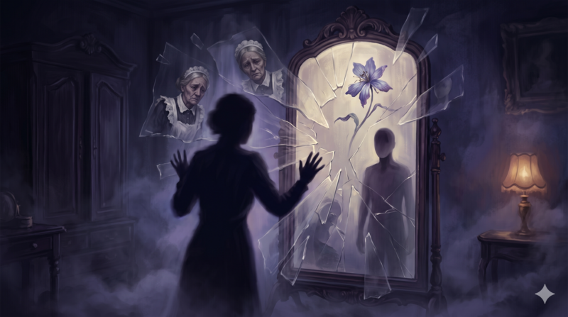 A surreal dark mysterious illustration of a human silhouette in front of a Victorian mirror, the reflection fracturing into multiple translucent versions: an elderly servant woman, a floating flower, a faceless figure. Deep indigo and purple palette, subtle pale gold light through the mirror, soft fog, ethereal, painterly digital art, cinematic dreamlike atmosphere, no text, 16:9 aspect ratio.