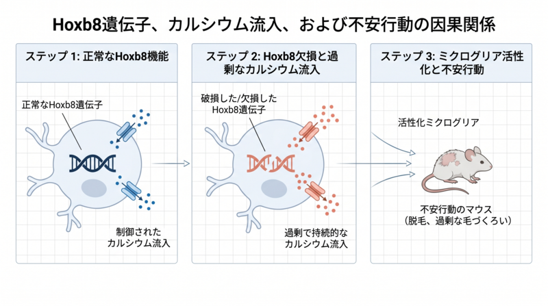 A minimal step-by-step diagram in three panels with arrows connecting them. Panel 1: a microglia cell with intact Hoxb8 gene icon (DNA helix in deep navy #1e3a5f), calcium ions flowing in controlled bursts. Panel 2: same cell with broken/missing Hoxb8 gene icon, calcium ions flooding in continuously (coral accent #e08877). Panel 3: a small icon of a mouse showing anxiety symptoms (groomed fur patches). White background, thin clean arrows, editorial style. Labels in small sans-serif. Professional, minimal, scientific.