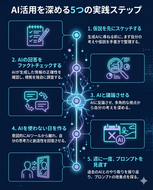 A vertical infographic showing 5 numbered stages on a vertical timeline: 1) Sketch your hypothesis first, 2) Fact-check AI answers, 3) Make AI debate you, 4) AI-free day, 5) Weekly prompt review. Each stage has a minimalist icon (notepad, magnifying glass, debate bubble, calendar, mirror), connected by a glowing neural pathway, dark navy background, electric cyan and lavender purple accents, science-tech infographic style, no Japanese text, vector clean look.