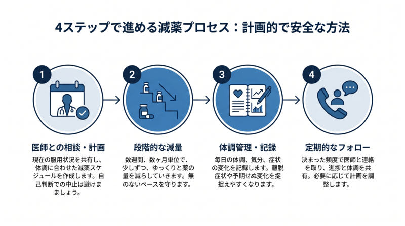 Minimal step-by-step process diagram with four numbered circular nodes connected by thin horizontal arrows, each node represented by a simple line icon (calendar, descending stairs, notebook, phone), professional medical infographic style, color palette navy (#1F4E79) and accent blue (#2E75B6) on pure white background, thin elegant strokes, generous whitespace, flat modern design, no text labels (placeholders only), high-end editorial aesthetic.