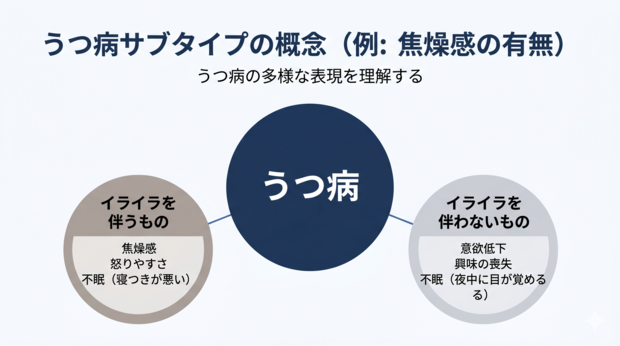 Clean infographic-style diagram with one large circle labeled "Depression" splitting into two

smaller circles: one labeled "With Irritability" (warm gray tone), the other "Without Irritability" (cool gray tone).

Thin connecting lines, minimal sans-serif typography. Professional minimal style.

Color palette: navy (#1F3A5F), light gray (#F2F4F7), accent blue (#4A6FA5), white background.

Editorial medical journal aesthetic. Plenty of whitespace.