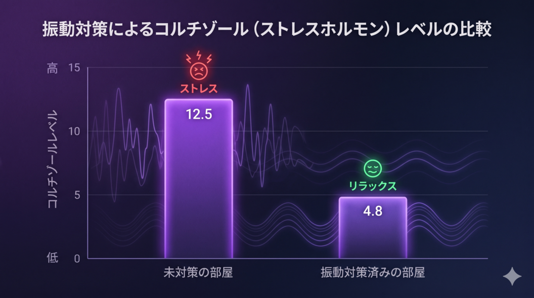 A clean dark-themed bar chart comparing cortisol levels in 'Untreated room' (high purple bar) vs 'Vibration-isolated room' (low purple bar), with subtle wave pattern background, editorial scientific data visualization. Mysterious dark atmospheric style, deep purple (#4B2E83) and navy blue (#1A1A2E) base palette, subtle glow effects, cinematic lighting, slight grain texture, premium editorial quality.