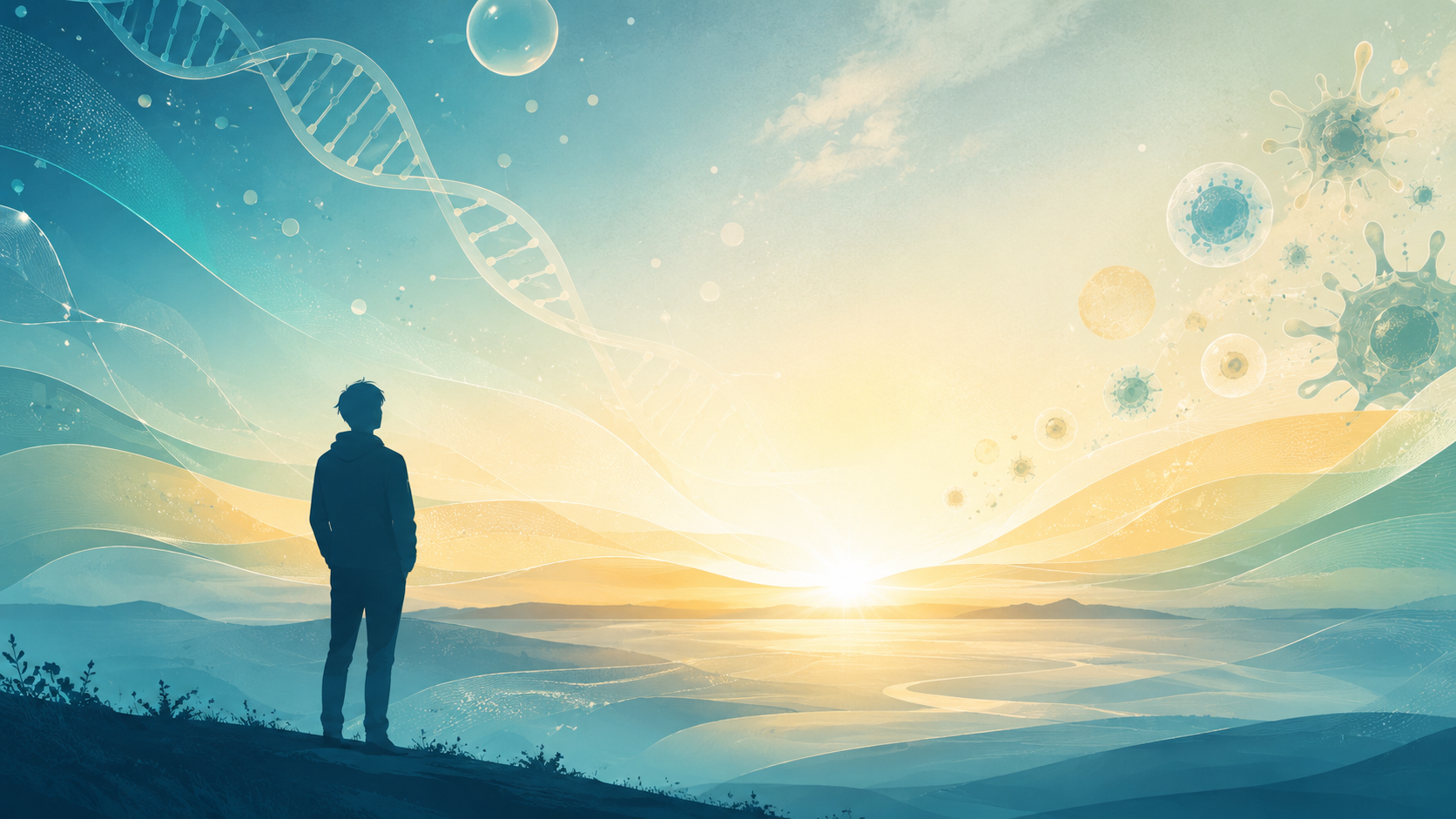 A soft, hopeful science-modern illustration: a single human silhouette standing at the edge of a horizon, looking toward a sunrise made of gentle abstract waves in teal, soft gold, and warm white. Subtle DNA helix and abstract immune cell shapes float softly in the background sky so the scene feels calm and uplifting rather than clinical. Minimal flat-design, thin lines, warm but scientific feel. No text. Color palette: deep teal, soft gold, warm white, navy.