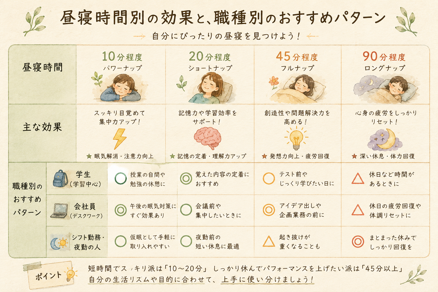 A warm, natural infographic comparison chart in soft watercolor style showing four columns for different nap durations (10 min, 20 min, 45 min, 90 min) with hand-drawn icons representing their effects (small lightning for alertness, brain icon for memory, full moon for deep rest), and three rows below showing recommended patterns for students with a backpack icon, office workers with a laptop icon, and shift workers with a moon-sun icon, color palette of warm beige, sage green, terracotta, and cream, textured paper background, friendly hand-drawn style, editorial magazine quality, no specific text content