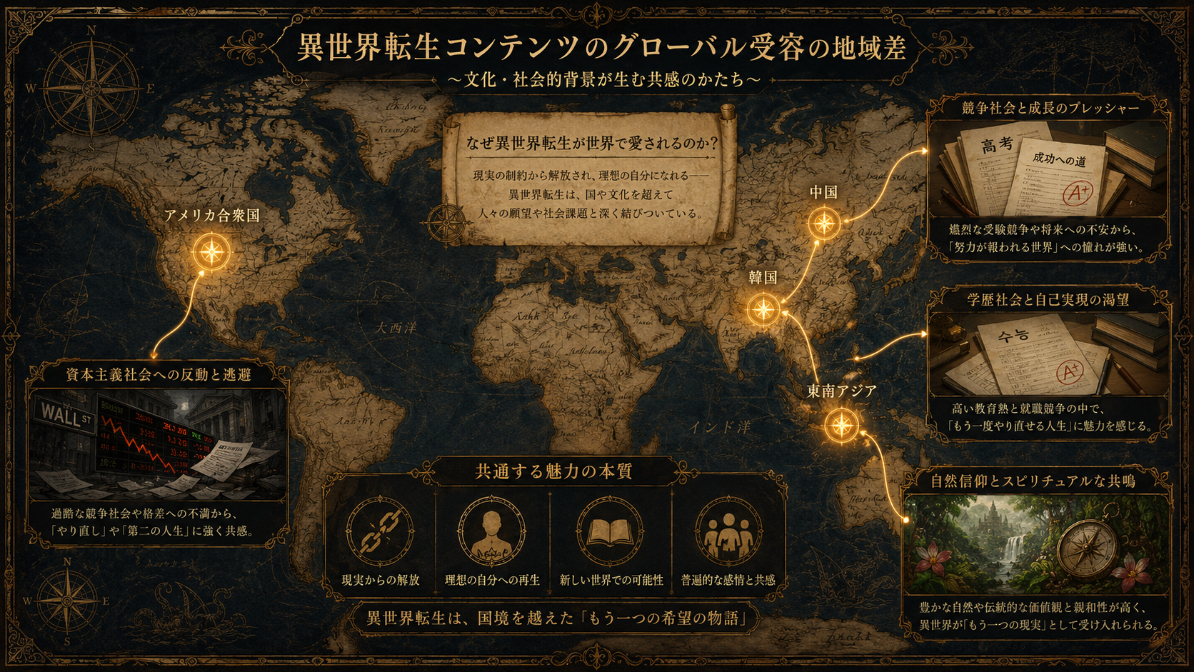 A vintage explorer's world map on aged parchment, with glowing amber markers over USA, China, Korea, Southeast Asia. Each marker connected by ornate compass lines to small thematic vignettes (a fallen Wall Street ticker for USA, exam papers for China/Korea, lush rainforest icons for SE Asia). Sepia and deep navy palette, dim golden glow. Hand-drawn cartographic style with elegant serif annotations. Mysterious, scholarly, nostalgic atmosphere.