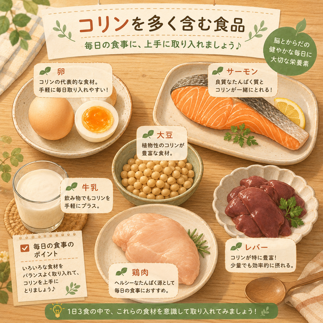 Warm natural food infographic arranged as a cozy flat-lay on a wooden table: eggs with visible yolks, a piece of salmon, soybeans, a small bowl of milk, chicken, and liver, each gently labeled with a small leaf icon. Inviting home-cooking mood. Cozy earthy palette of sage green, warm cream, terracotta and soft butter yellow, hand-drawn soft texture, rounded organic shapes, subtle paper grain, flat minimal illustration, soft warm light.
