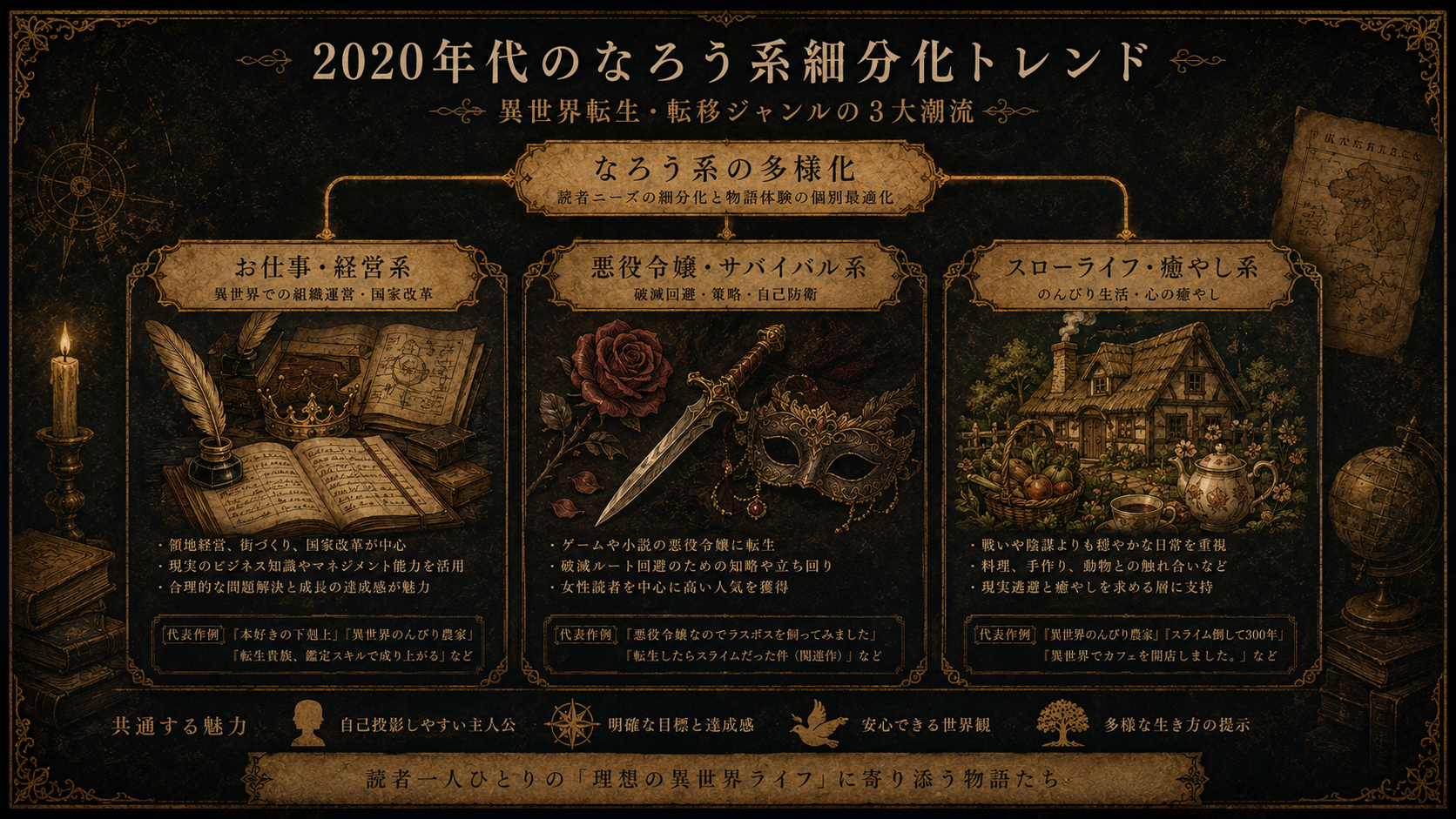 A vintage encyclopedia-style infographic on dark aged paper background, showing three subgenre branches of isekai fiction: 'Bureaucracy / Management' (illustrated with quill, ledger, crown), 'Villainess / Survival Strategy' (rose, dagger, masquerade mask), 'Slow Life' (cottage, vegetables, teapot). Connected by ornate golden lines like a family tree. Hand-drawn illustration style, sepia and amber tones, elegant calligraphy labels. Nostalgic, scholarly atmosphere, dim candlelight ambiance.