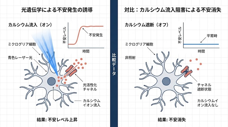 A clean comparative data visualization split into two halves. Left half: a microglia cell illuminated by blue laser light, calcium ions surging in (coral accent #e08877), with a small graph above showing rising anxiety levels. Right half: same cell with ChRmine channel blocking calcium, calm flat-line graph above showing low anxiety. Center divider in deep navy (#1e3a5f). White background, minimal annotations in small clean sans-serif font. Editorial scientific style. Professional, minimal.