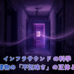 An old empty Victorian-era hallway at dusk, faint purple light leaking from a distant doorway, subtle invisible sound waves rendered as soft luminous ripples in the air, dust particles floating, melancholic and unsettling atmosphere. Mysterious dark atmospheric style, deep purple (#4B2E83) and navy blue (#1A1A2E) base palette, subtle glow effects, cinematic lighting, slight grain texture, premium editorial quality.