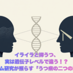Minimalist conceptual illustration showing two abstract human silhouettes facing opposite directions, one with subtle dark wave patterns suggesting sadness, the other with sharp angular lines suggesting irritability. Connected by a faint DNA double helix in the background. Professional minimal style. Color palette: navy blue (#1F3A5F), soft gray (#6B7280), white background. Clean, editorial, medical journal aesthetic. No text. Wide horizontal composition.