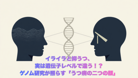 Minimalist conceptual illustration showing two abstract human silhouettes facing opposite directions, one with subtle dark wave patterns suggesting sadness, the other with sharp angular lines suggesting irritability. Connected by a faint DNA double helix in the background. Professional minimal style. Color palette: navy blue (#1F3A5F), soft gray (#6B7280), white background. Clean, editorial, medical journal aesthetic. No text. Wide horizontal composition.