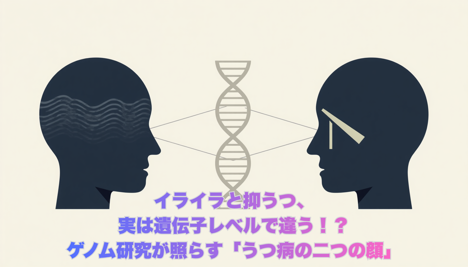 Minimalist conceptual illustration showing two abstract human silhouettes facing opposite directions, one with subtle dark wave patterns suggesting sadness, the other with sharp angular lines suggesting irritability. Connected by a faint DNA double helix in the background. Professional minimal style. Color palette: navy blue (#1F3A5F), soft gray (#6B7280), white background. Clean, editorial, medical journal aesthetic. No text. Wide horizontal composition.