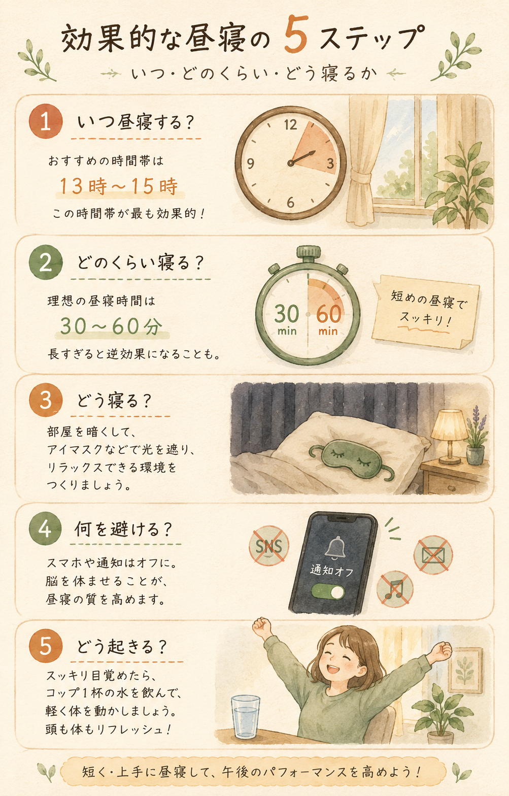 A warm, natural hand-drawn step-by-step illustration in watercolor style showing 5 numbered steps for an effective afternoon nap: step 1 a clock showing 1-3 pm, step 2 a stopwatch showing 30-60 minutes, step 3 dim curtains and an eye mask, step 4 a smartphone with notifications off, step 5 a person waking up refreshed with a small cup of water, each step inside a soft rounded card with handwritten Japanese-style numbers, color palette of warm beige, sage green, terracotta, cream, textured paper background, cozy editorial illustration, no specific text content