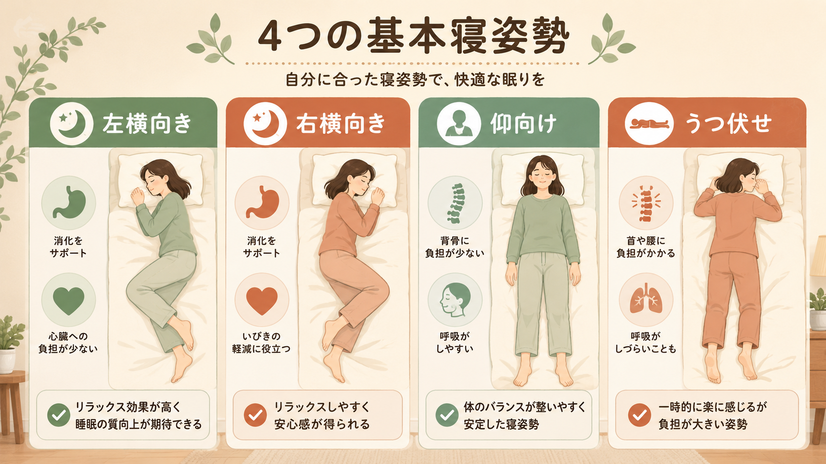 A clean infographic showing four sleeping positions side by side — left side, right side, back and stomach — each as a simple human figure on a bed with a labeled icon, warm natural color palette of cream, beige, sage green and soft terracotta, flat illustration style, friendly and easy to understand, soft shadows, no real text