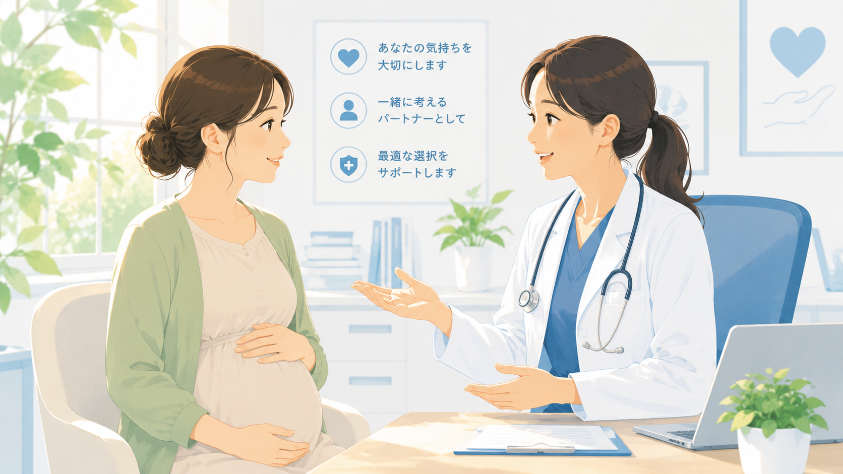 Warm, candid scene of a young pregnant woman talking with a friendly female doctor in a bright modern clinic. Doctor is gesturing reassuringly, both smiling gently. Soft natural lighting, blurred medical setting in background. Color palette: soft blue (#4A90B8) accents on doctor's coat, fresh green (#7BC4A3) plants, warm skin tones. Flat-vector illustration style, modern healthcare aesthetic. Mood: trust, partnership, informed decision. 16:9 aspect ratio.
