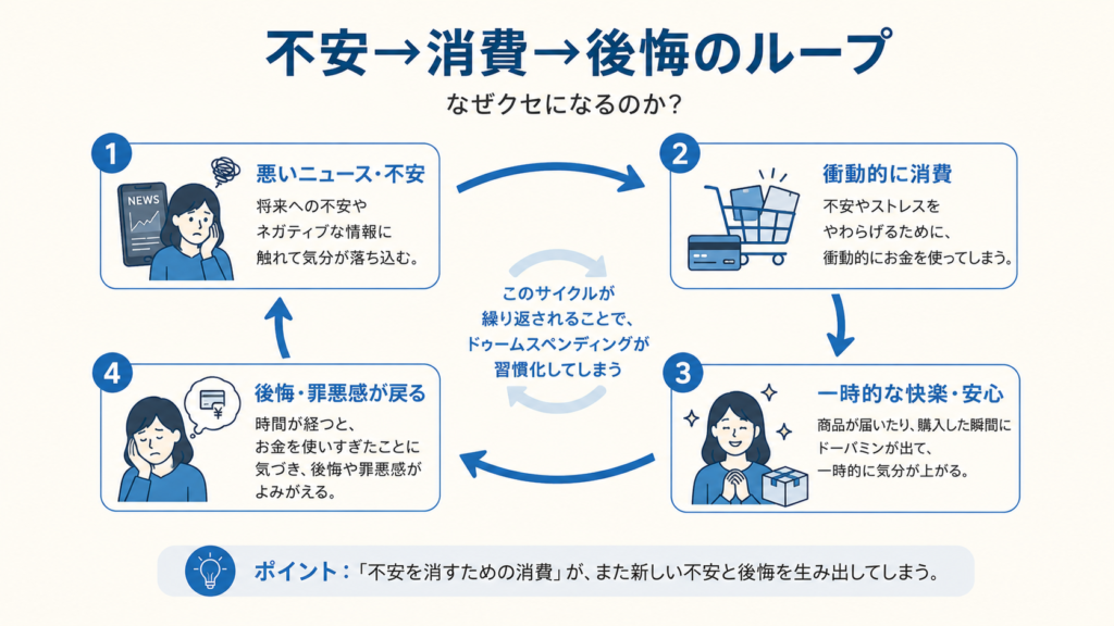 Simple circular flow diagram (vicious cycle) with 4 steps: 1) Bad news / anxiety, 2) Impulse purchase, 3) Brief dopamine relief, 4) Regret returns -> back to step 1. Flat icons for each step, soft blue (#1F6FB2) arrows on cream background, friendly minimal style, clear labels in English. 16:9.