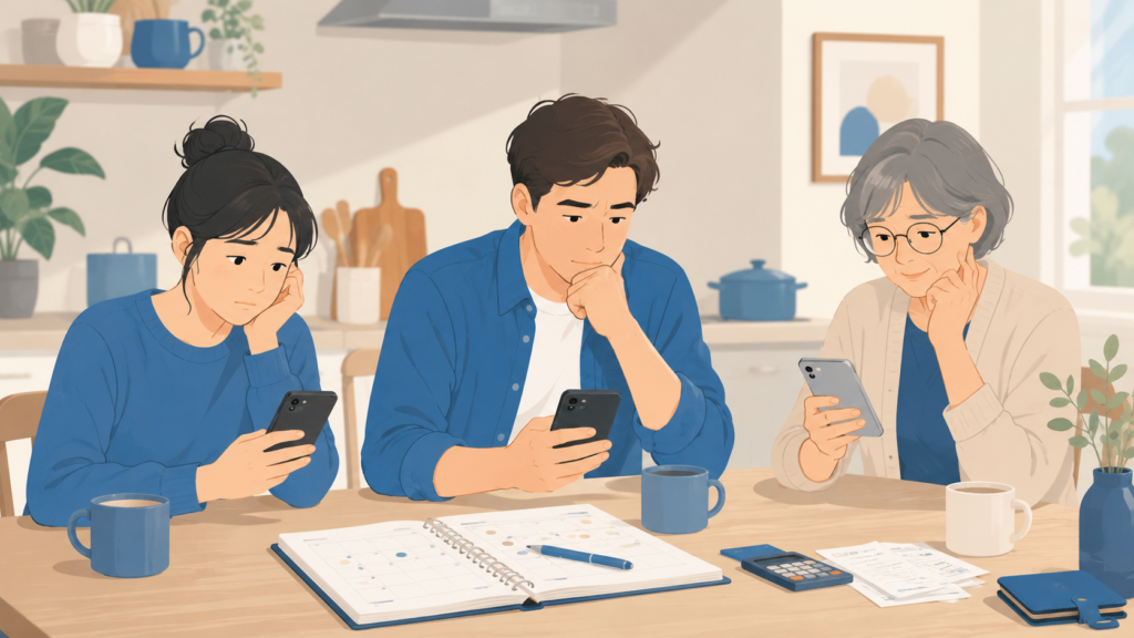 Warm editorial illustration of three diverse people of different ages quietly looking at their phones and a calendar/budget on a kitchen table, thoughtful but not despairing mood. Soft blue (#1F6FB2), cream and warm neutral palette, flat minimal style, empathetic and human. No text. 16:9.
