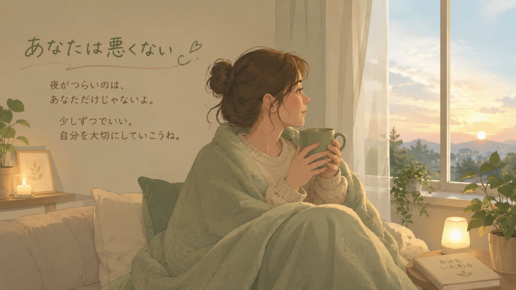 A warm, reassuring scene of a person wrapped in a soft blanket holding a warm mug at night, gentle morning light beginning to come through a window, hopeful and calm mood, natural muted green and warm beige palette, soft illustration style, comforting feeling.
