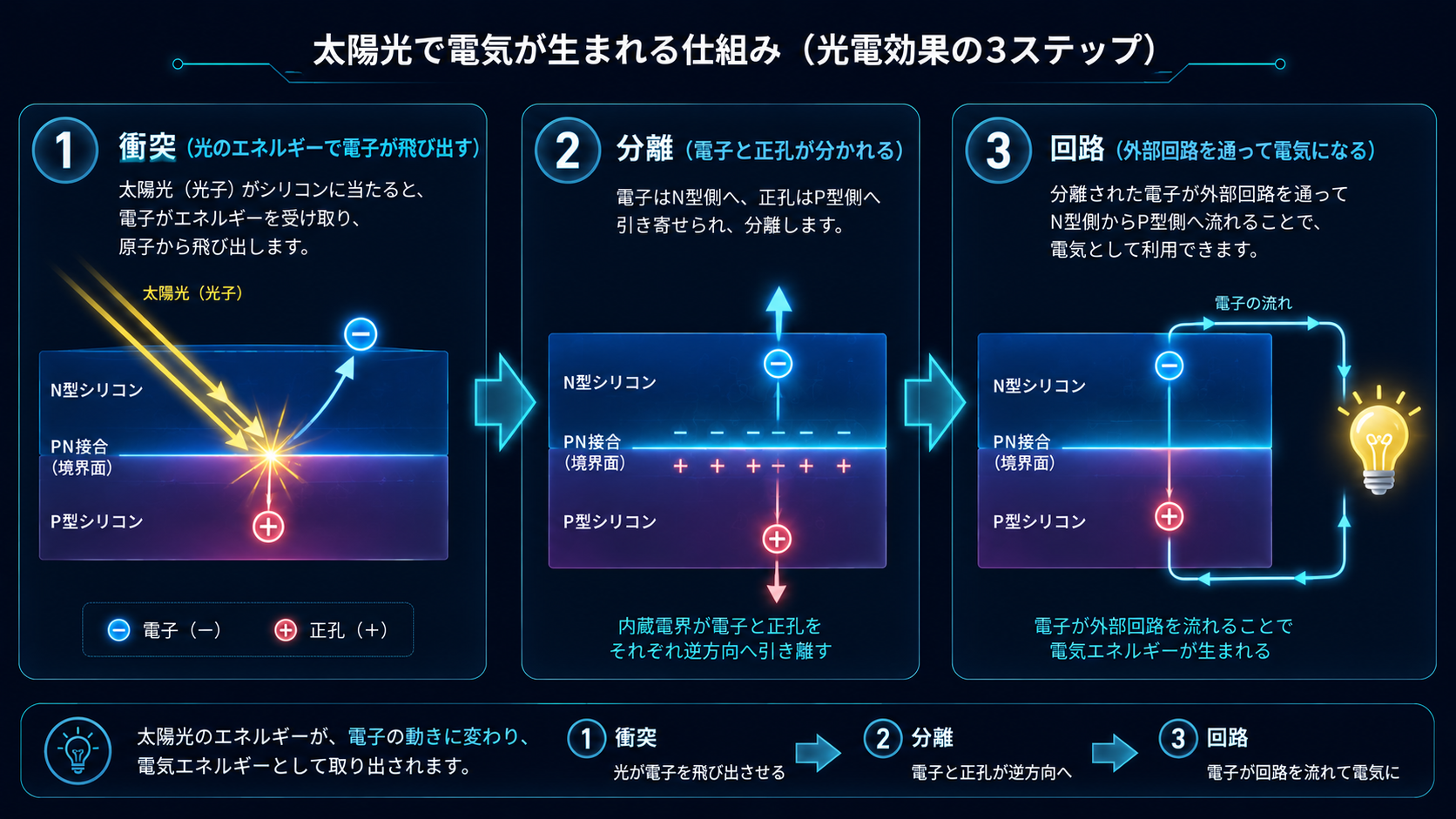 A 3-step horizontal flow diagram of the photovoltaic effect: (1) photon hitting silicon and knocking out an electron, (2) electron and hole separating across the PN junction, (3) electron flowing through an external circuit lighting a bulb. Numbered steps, glowing arrows, futuristic cyan/blue scientific style on dark background, clean and minimal.