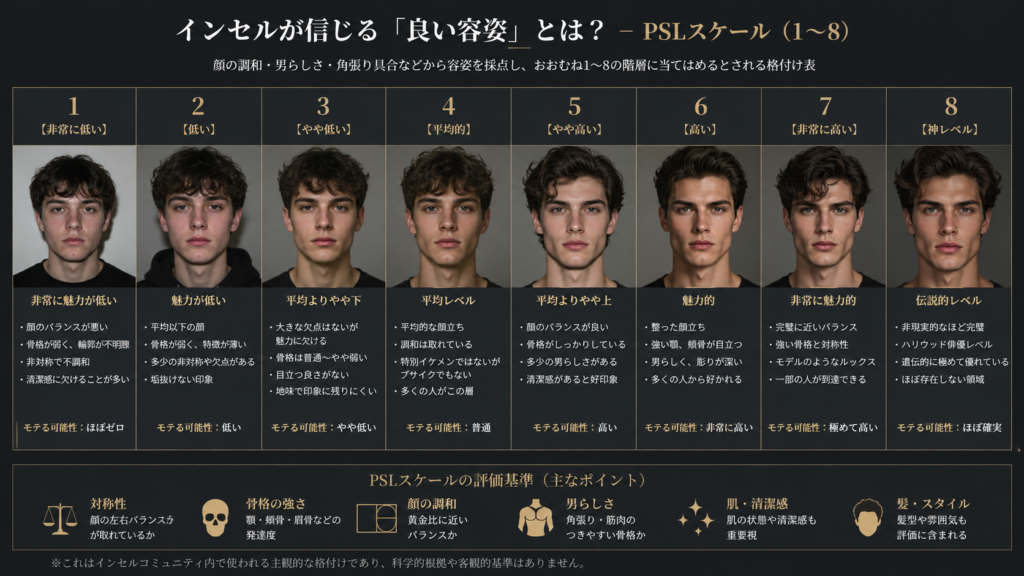 PSLスケール 顔の調和・男らしさ・角張り具合などから容姿を採点し、おおむね1〜8の階層に当てはめるとされる格付け表