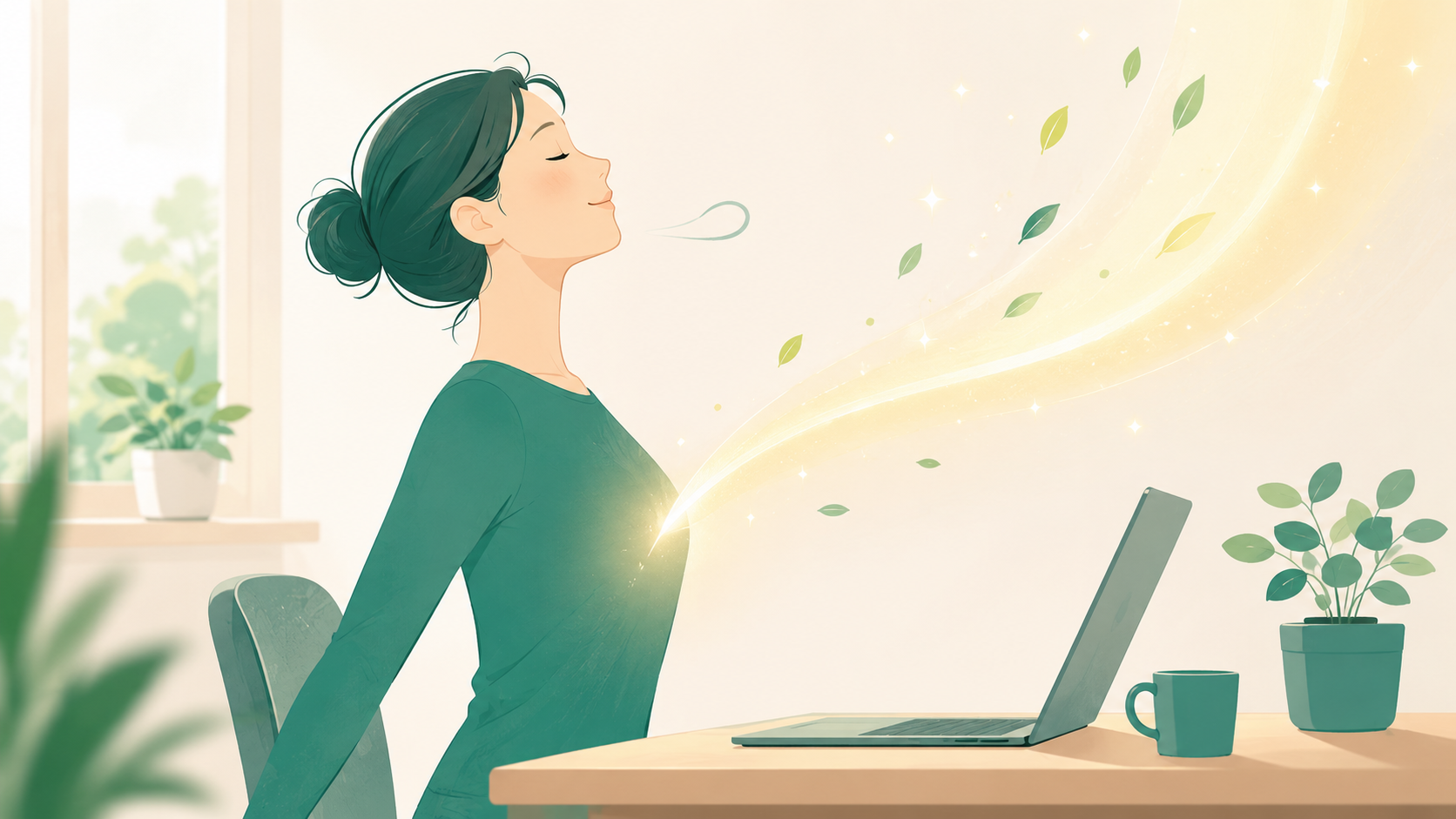 Warm illustration of a person straightening their back at a desk and exhaling, a soft upward arc of light/mood rising from chest. Hopeful, calm mood. Flat minimal style, teal #2E7D6B and warm cream, gentle, no text. 16:9.