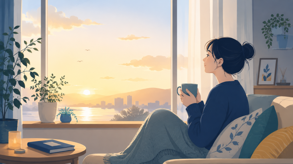 A calm, warm illustration of a person sitting by a window at dawn with a cup of tea, soft morning light, peaceful and hopeful mood, navy-teal-amber palette, flat minimal editorial style, gentle and reassuring, no readable text.