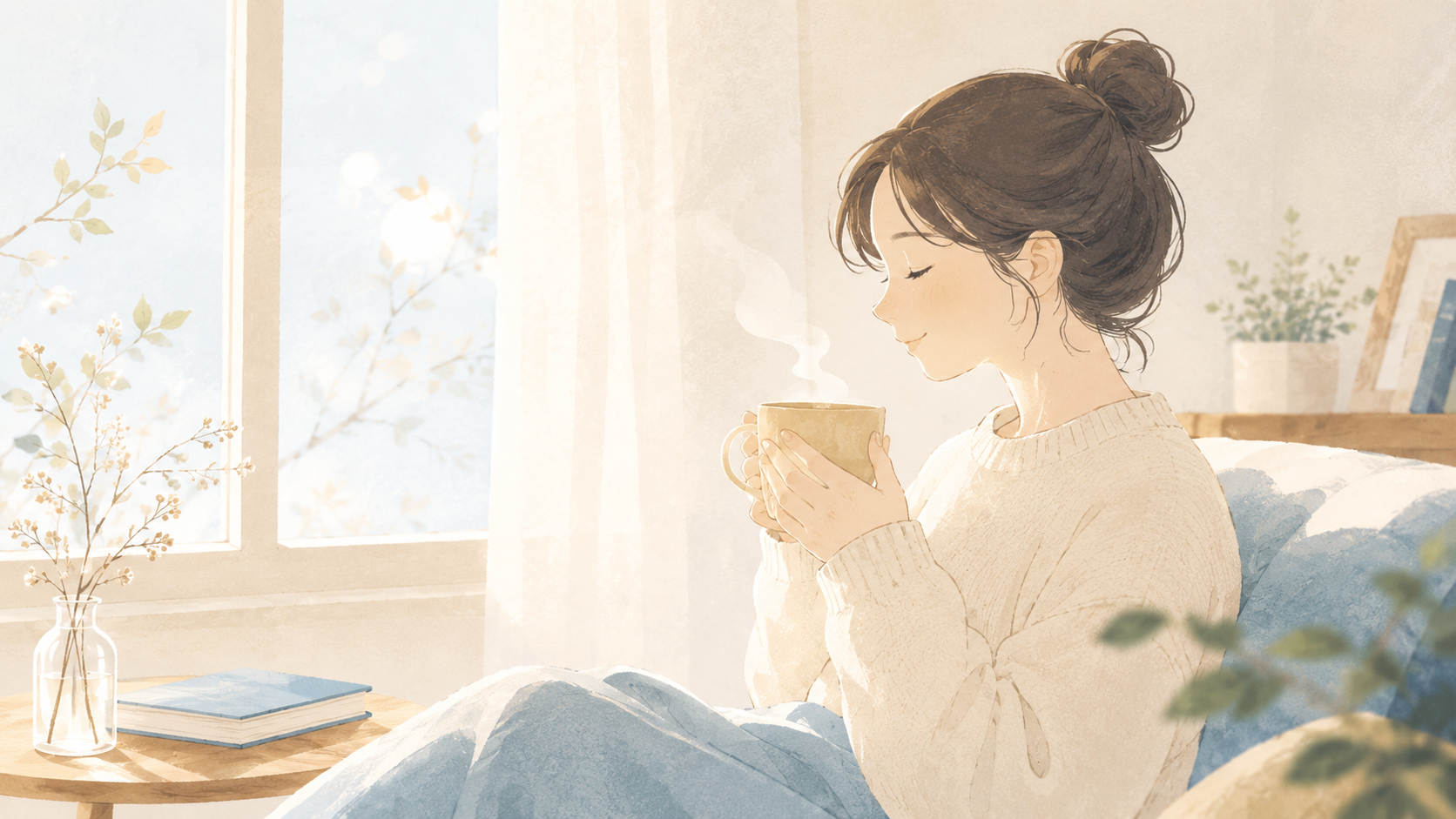 A quiet, tender scene: a person holding a warm cup of tea by a window,
softly noticing steam and morning light, eyes gently closed. Cozy, slow,
mindful mood. Soft dusty blue and warm cream tones, gentle grain texture,
minimal flat illustration. Conveys savoring a small good moment. No text.