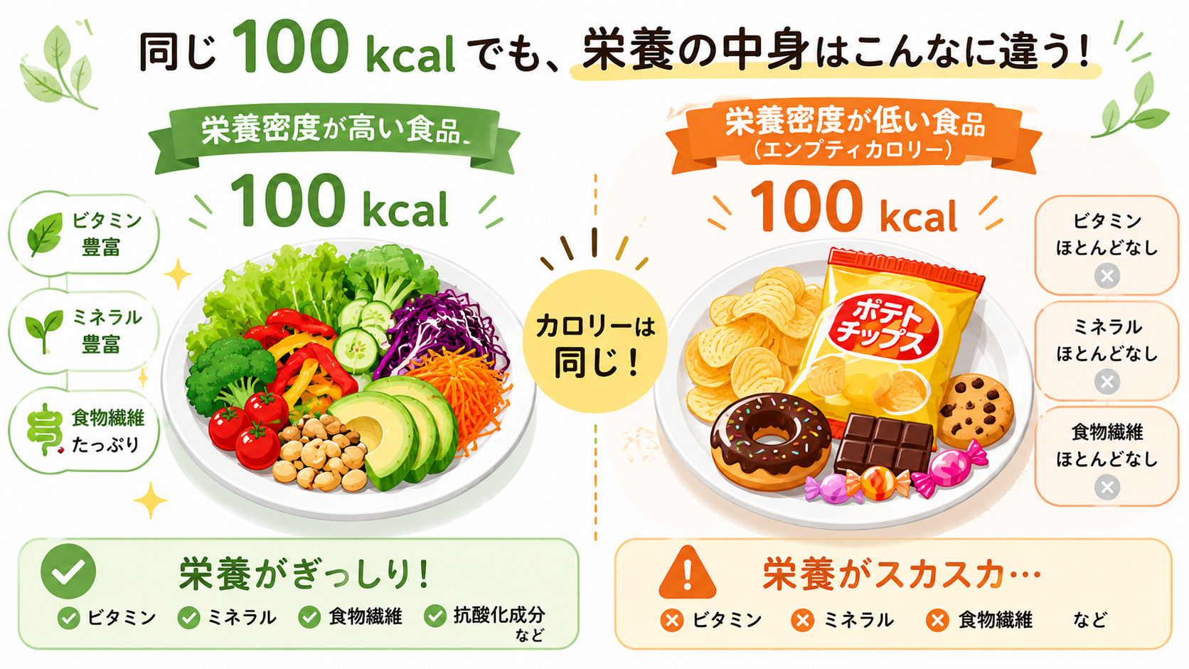 Side-by-side comparison infographic: left plate '100 kcal' full of colorful vegetables labeled
'nutrient-dense', right plate '100 kcal' of chips/sweets labeled 'empty calories'. Same calorie number
above both, contrasting nutrient icons (vitamins, fiber). Minimal flat style, natural palette, white
background.